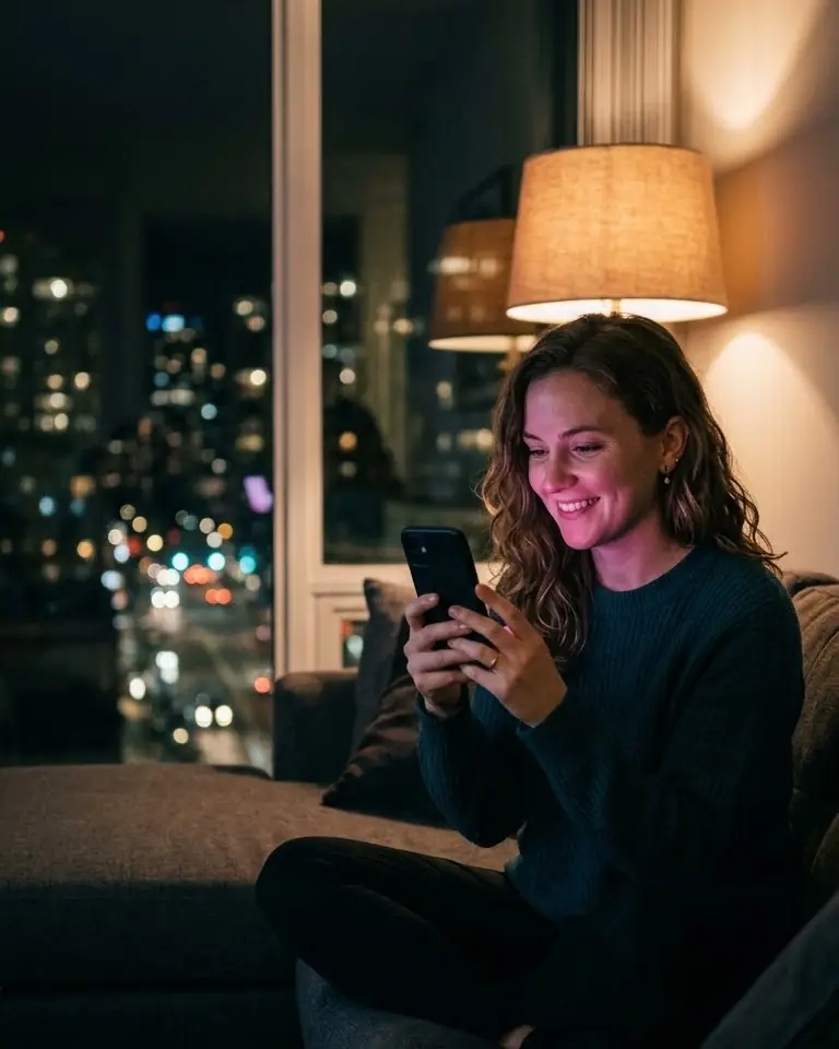 Une femme sur son canapé le soir, souriant à son téléphone pendant un appel vidéo